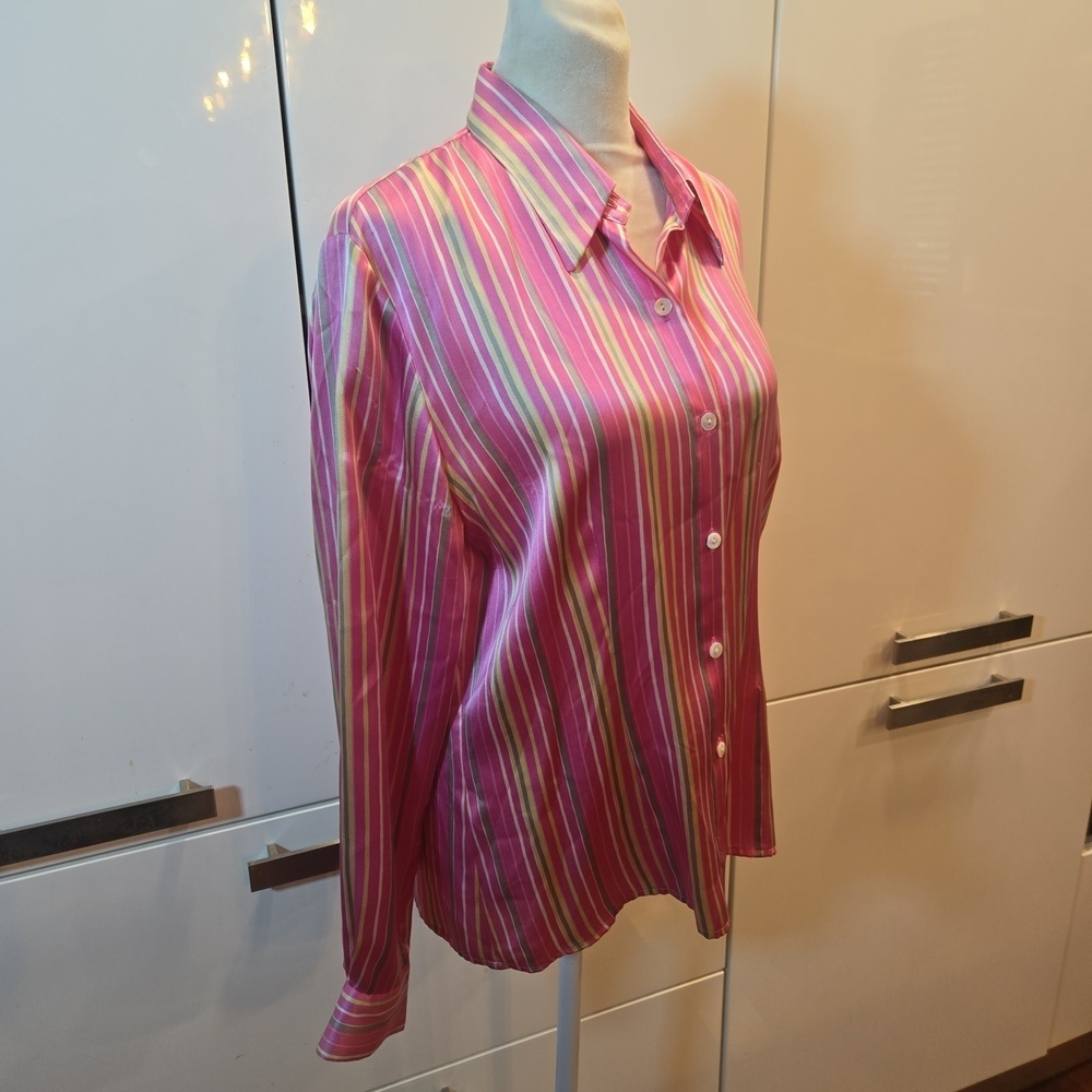 100% Silk Striped Button Down Shirt Pink Yellow Size Medium Womens - Picture 2 of 8